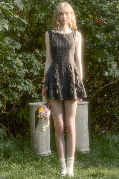 Dark Gray Lace Plaid Dress