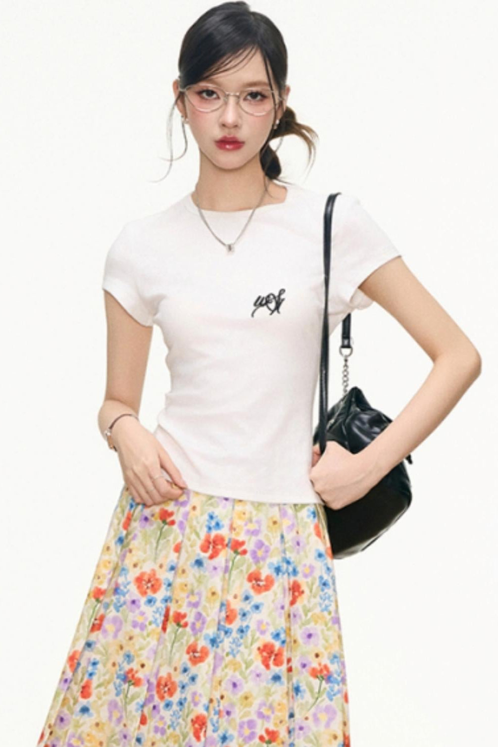White Floral Skirt And White T-Shirt Set-Up