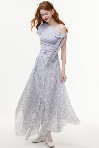 Irregular Plaid Chiffon Bustier Skirt