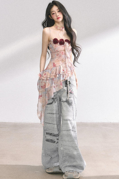 Asymmetrical Floral Slimming T-Shirt