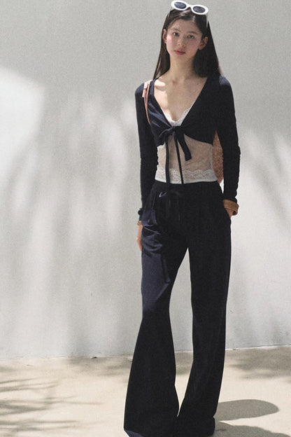 Lace-Up Top & Wide Leg Pants Set-Up