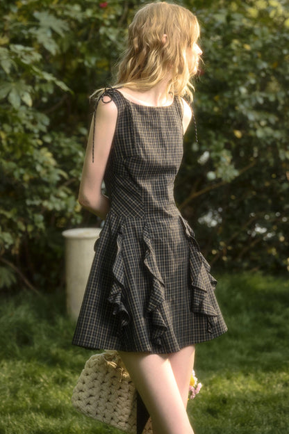 Dark Gray Lace Plaid Dress