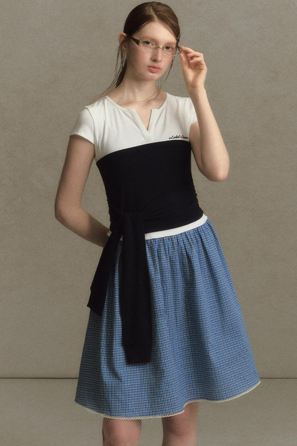 Color Clash Lace-Trimmed Plaid Dress