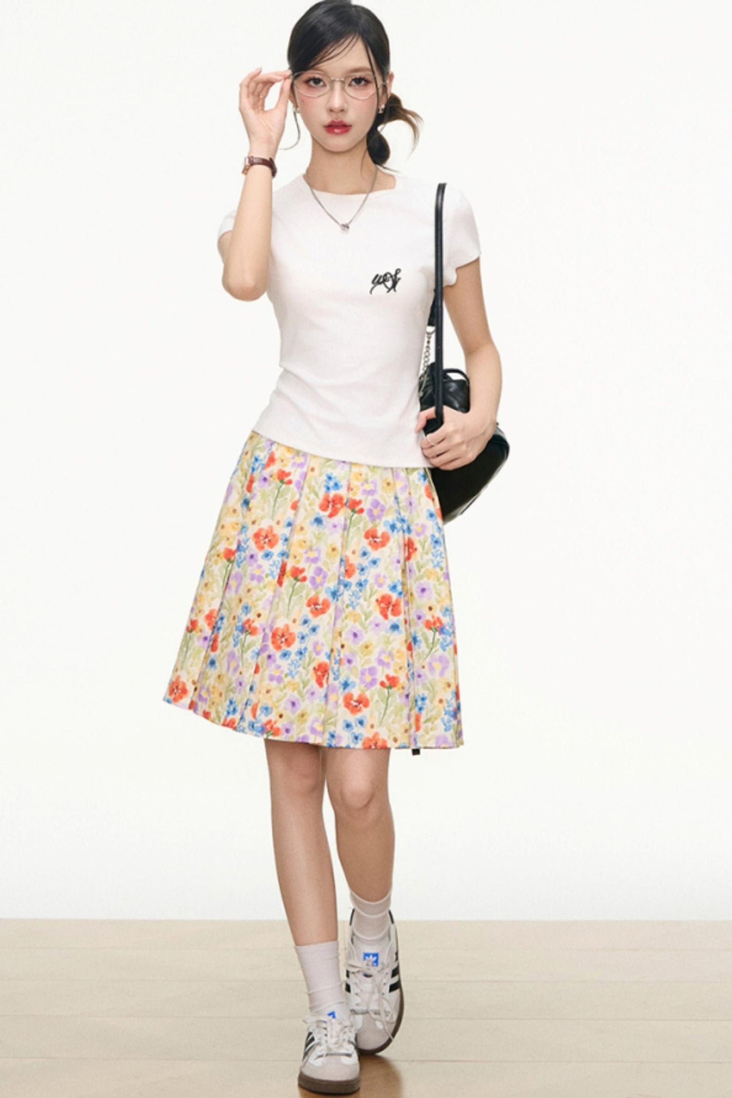 White Floral Skirt And White T-Shirt Set-Up