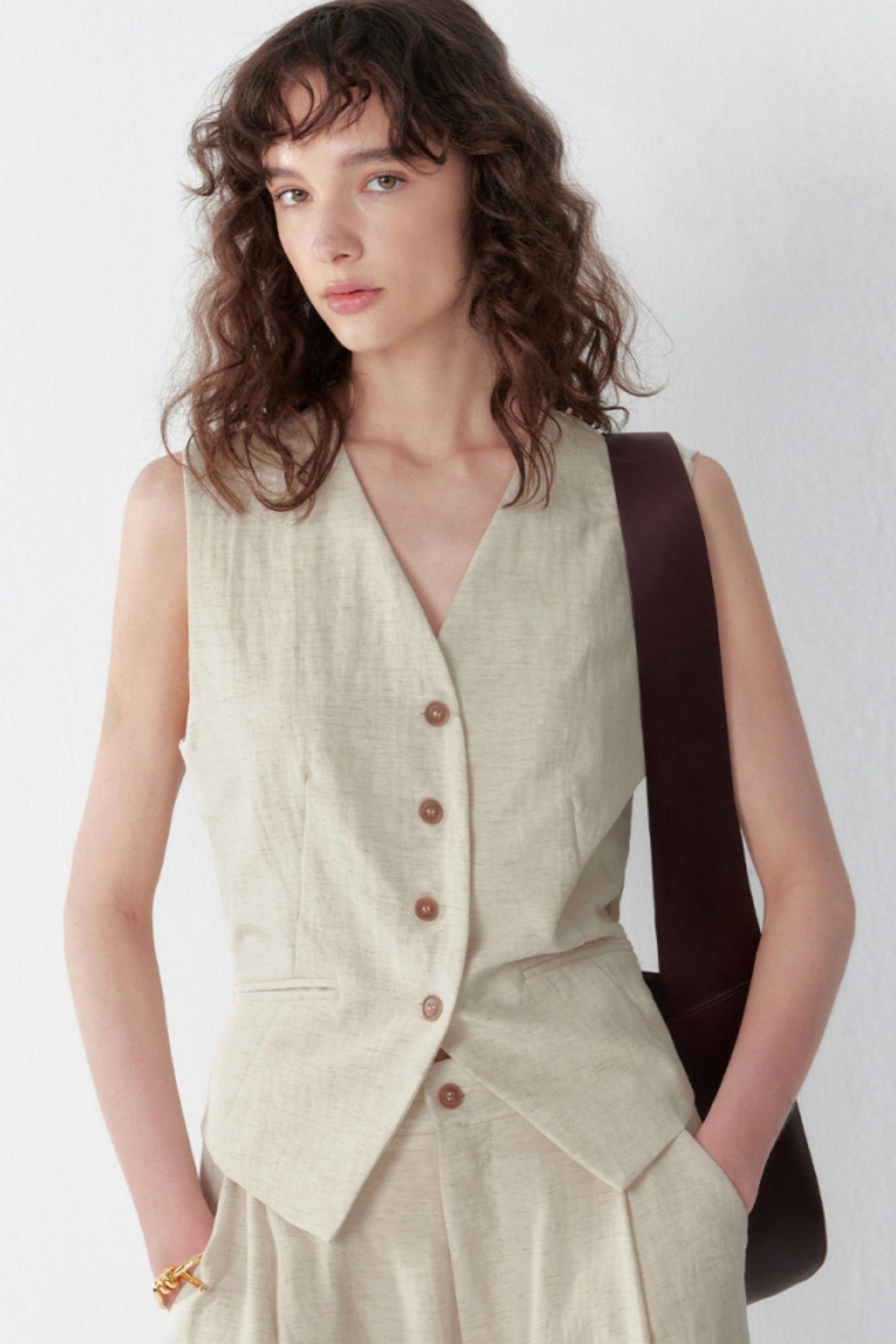 Pleated V-Neck Vest & Wide-Leg Trousers Set-Up