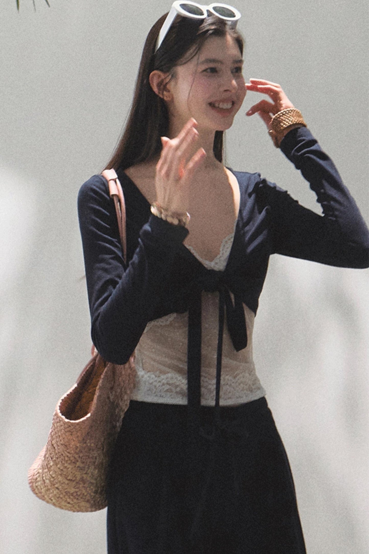 Lace-Up Top & Wide Leg Pants Set-Up