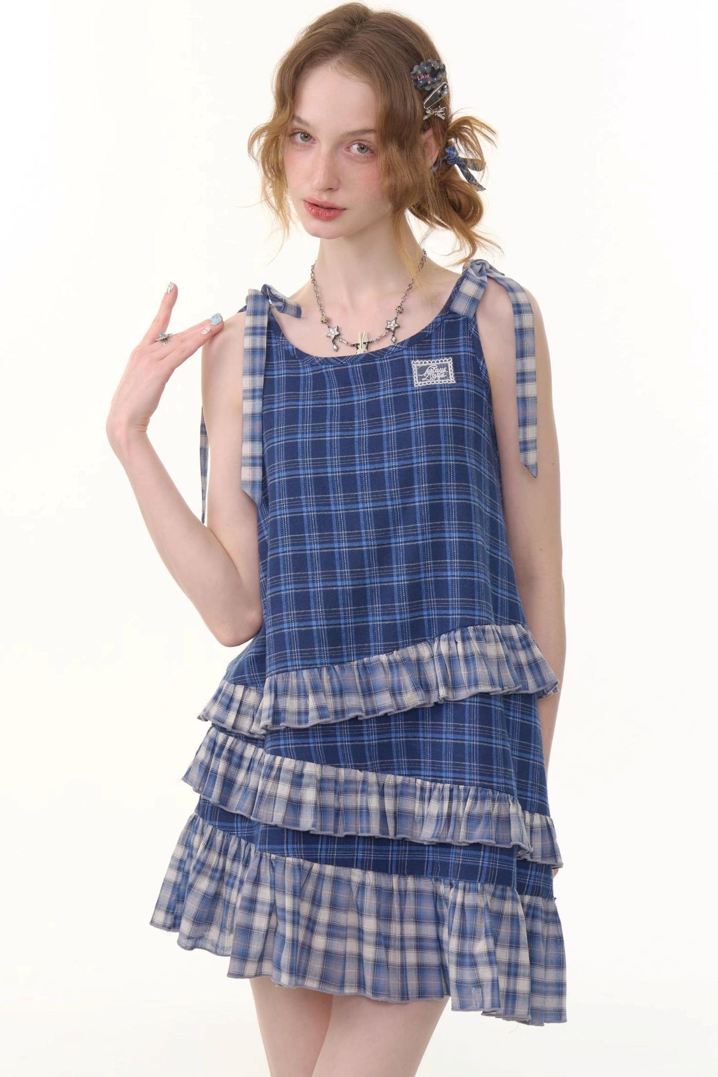 Blue Plaid Halter Dress