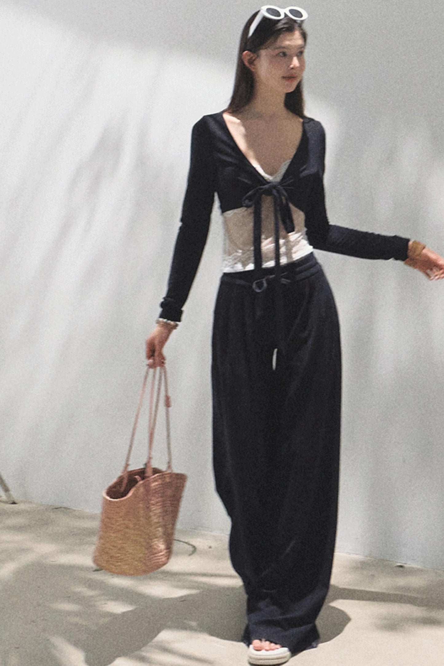 Lace-Up Top & Wide Leg Pants Set-Up