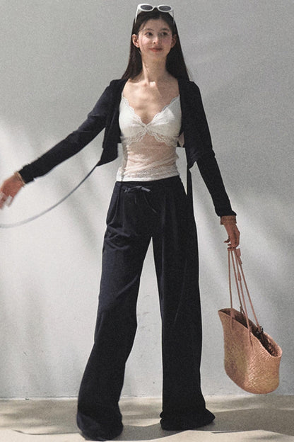 Lace-Up Top & Wide Leg Pants Set-Up