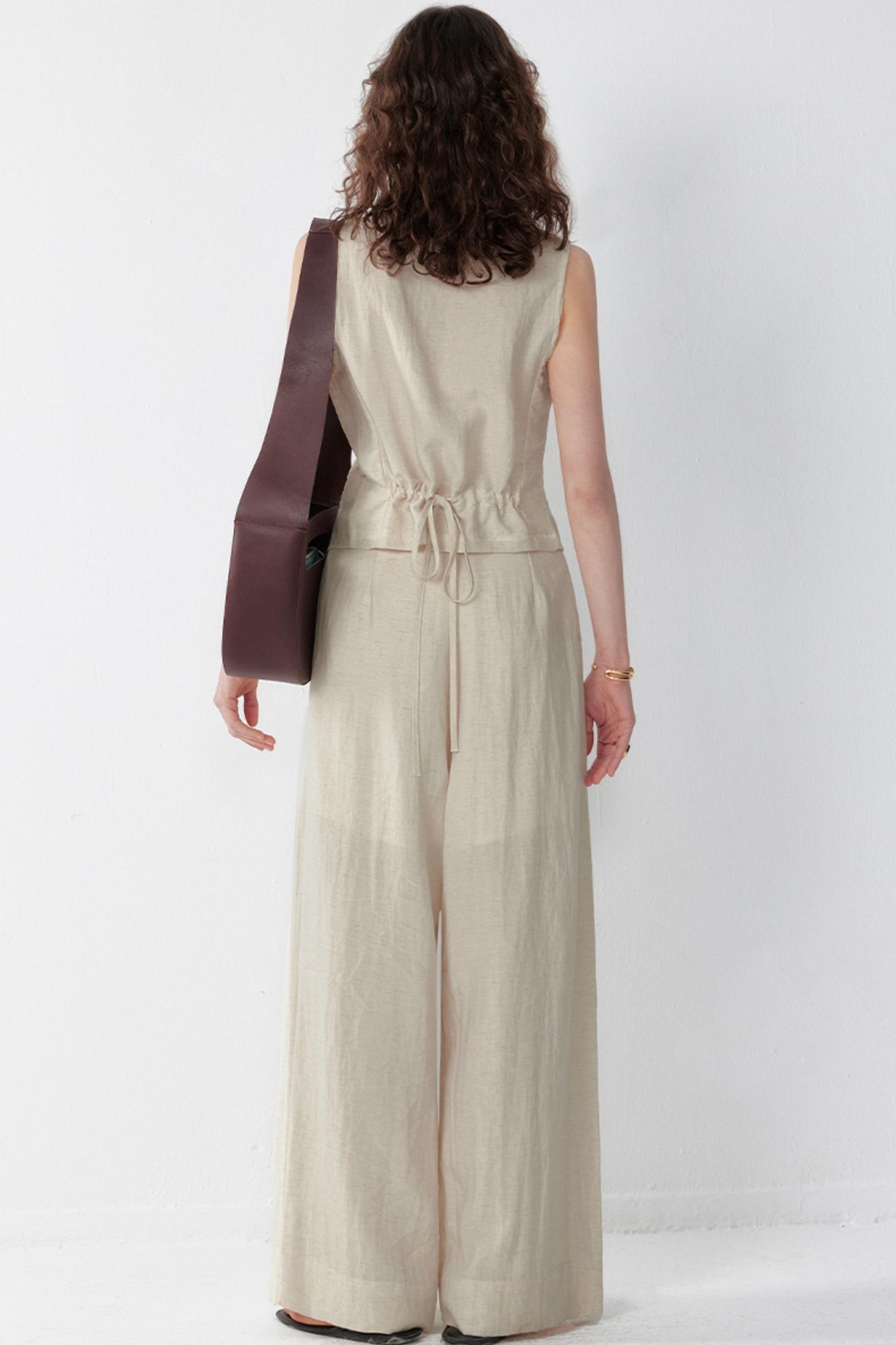 Pleated V-Neck Vest & Wide-Leg Trousers Set-Up