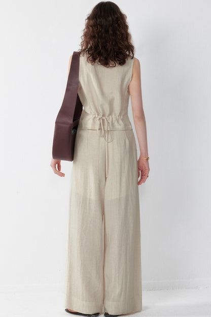 Pleated V-Neck Vest & Wide-Leg Trousers Set-Up