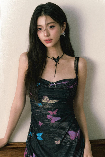 Butterfly Print Halter Dress