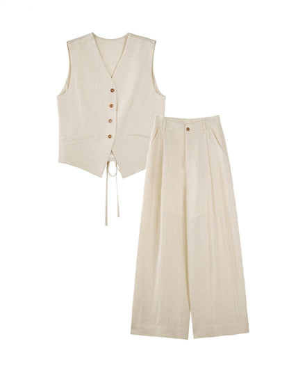 Pleated V-Neck Vest & Wide-Leg Trousers Set-Up