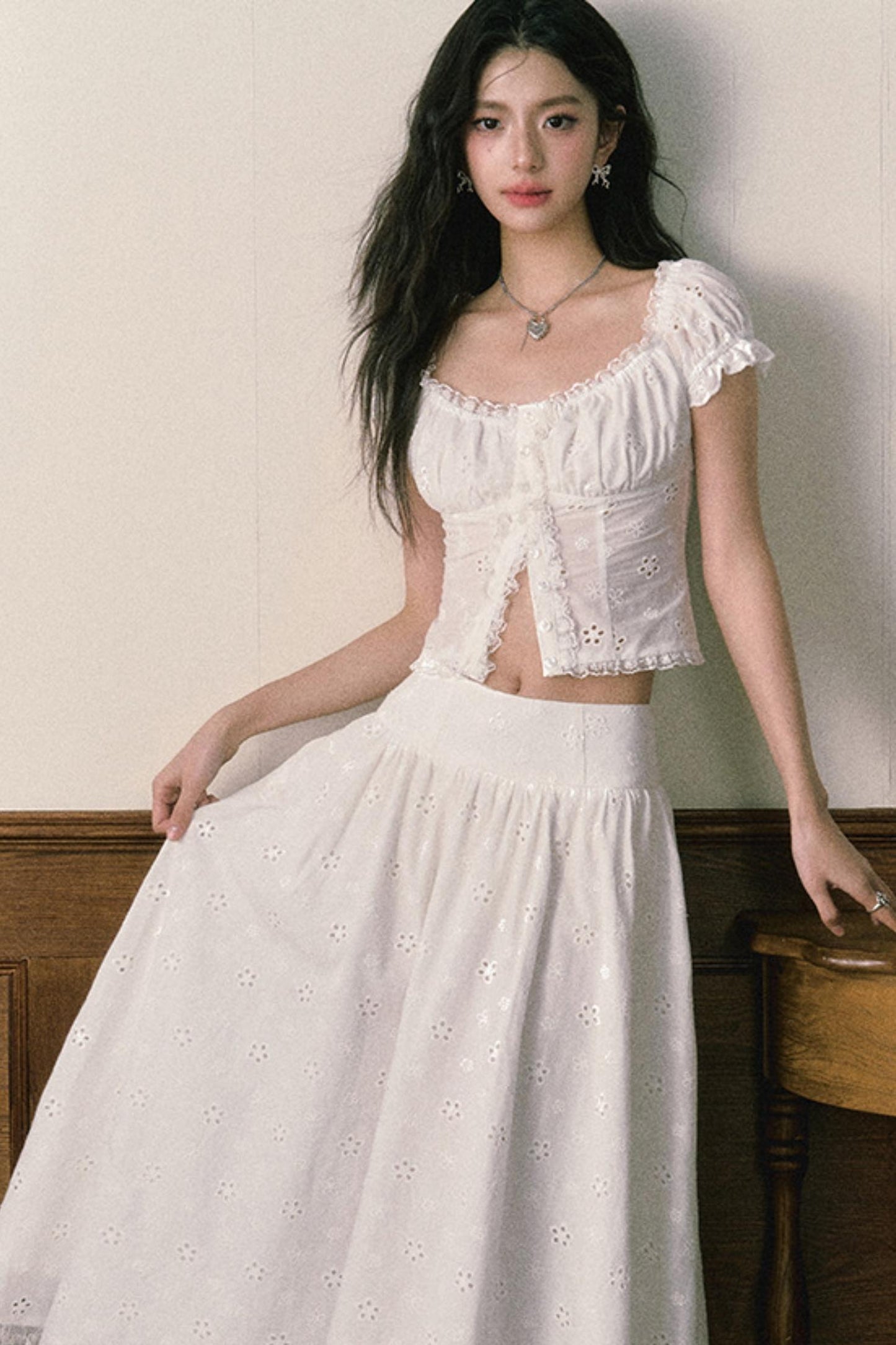 Floral Embroidered Top And Flared Skirt Set-Up