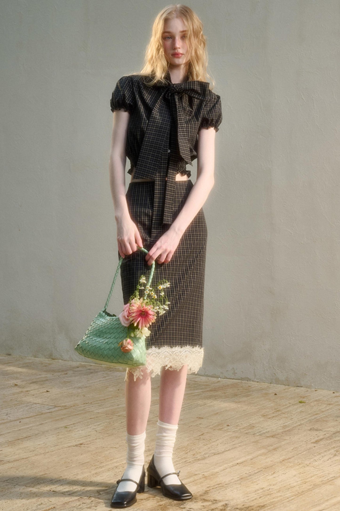 Cotton Galaxy Gray plaid Skirt Set-Up