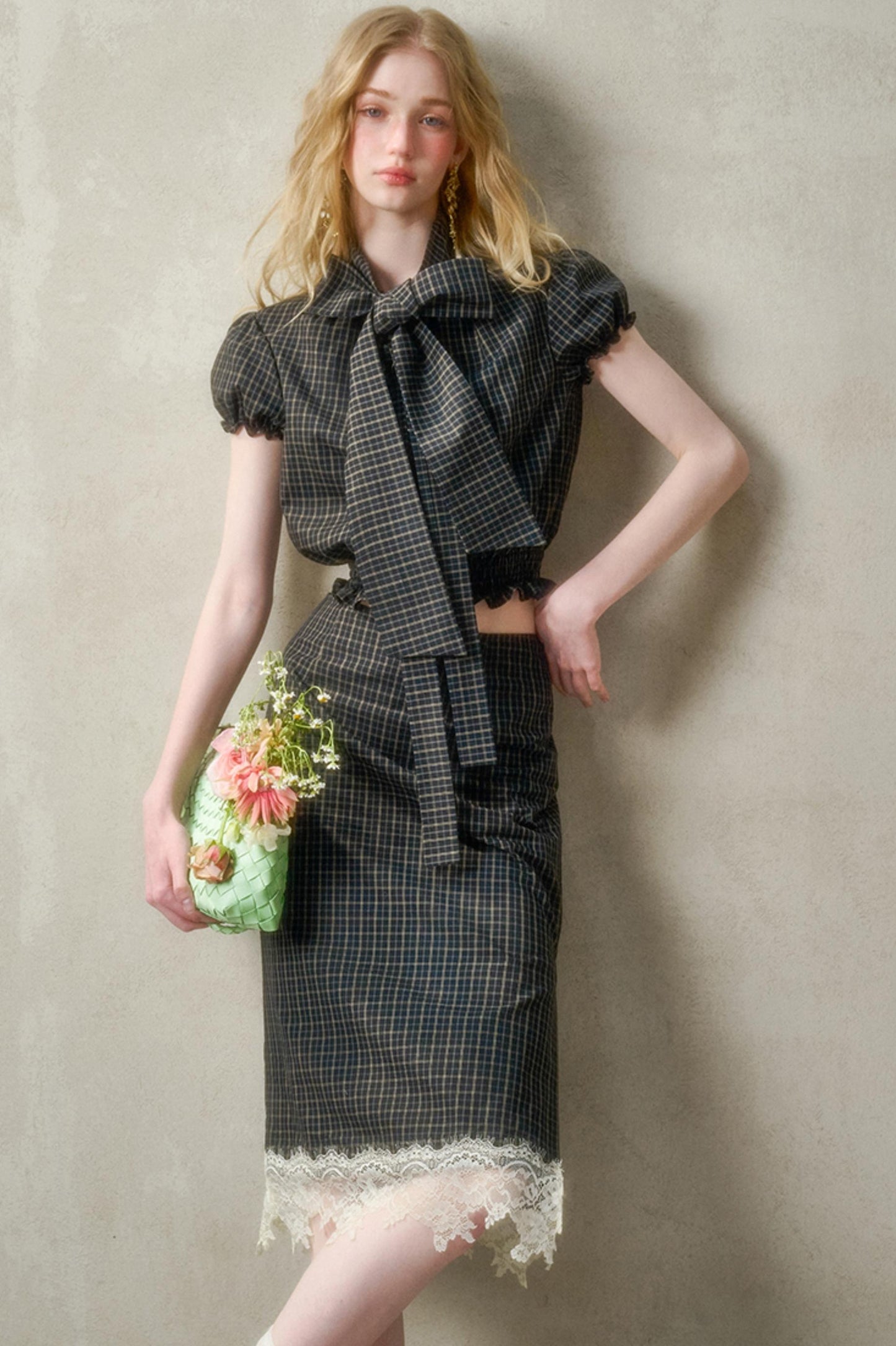 Cotton Galaxy Gray plaid Skirt Set-Up