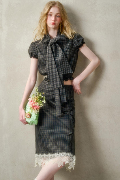 Cotton Galaxy Gray plaid Skirt Set-Up