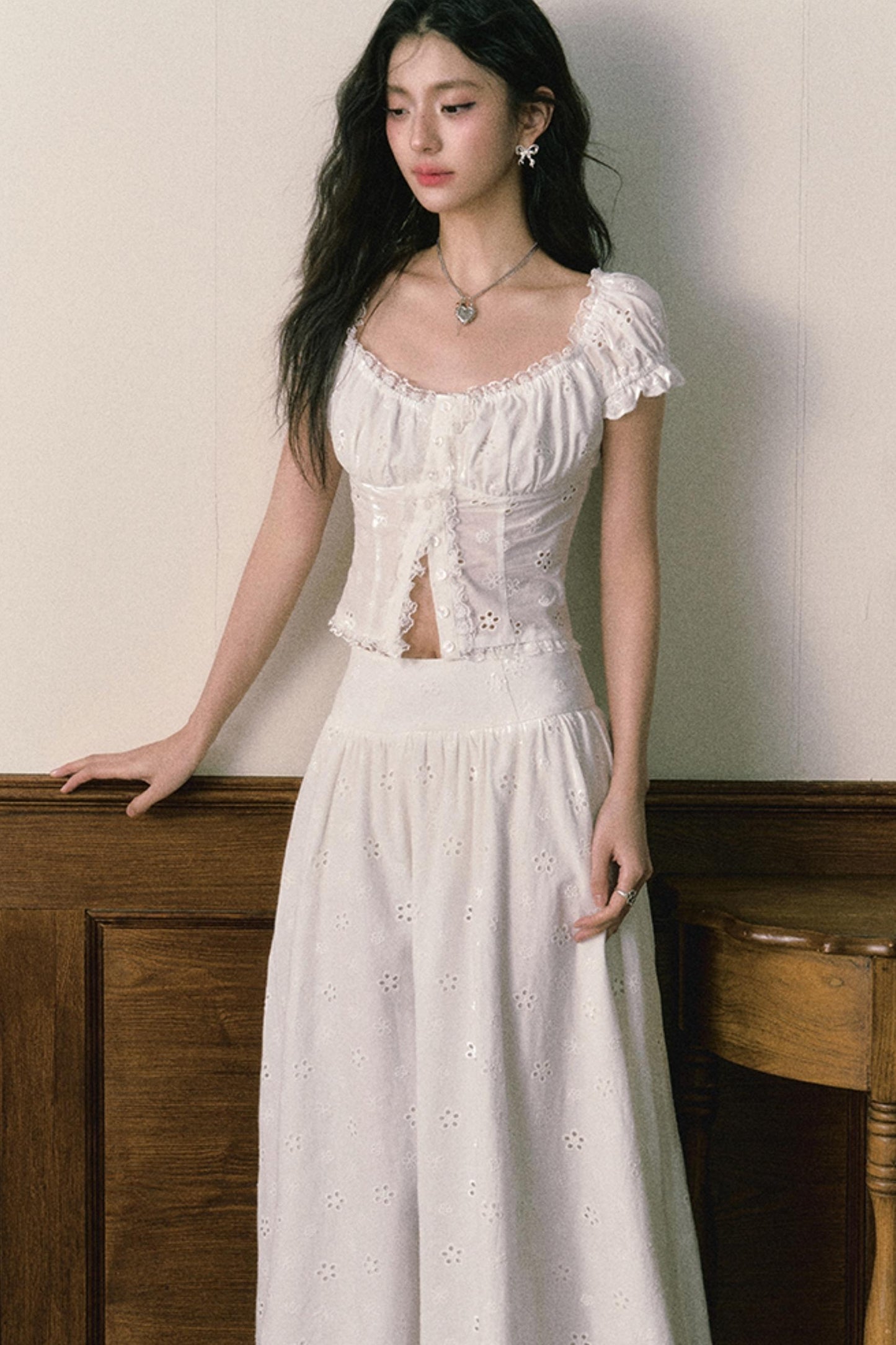 Floral Embroidered Top And Flared Skirt Set-Up