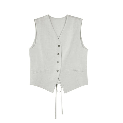 Pleated V-Neck Vest & Wide-Leg Trousers Set-Up