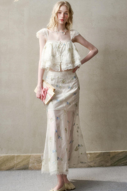 Airy Floral Ensemble Long Lace Skirt Set-Up