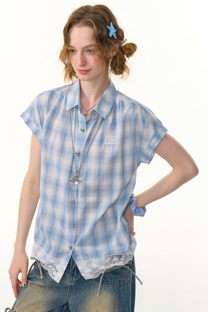 Vintage Blue Plaid Lace Trim Top