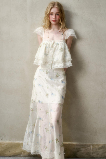 Airy Floral Ensemble Long Lace Skirt Set-Up