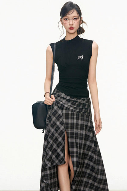 Charm Checkered Skirt & Bow-Knit Set-Up