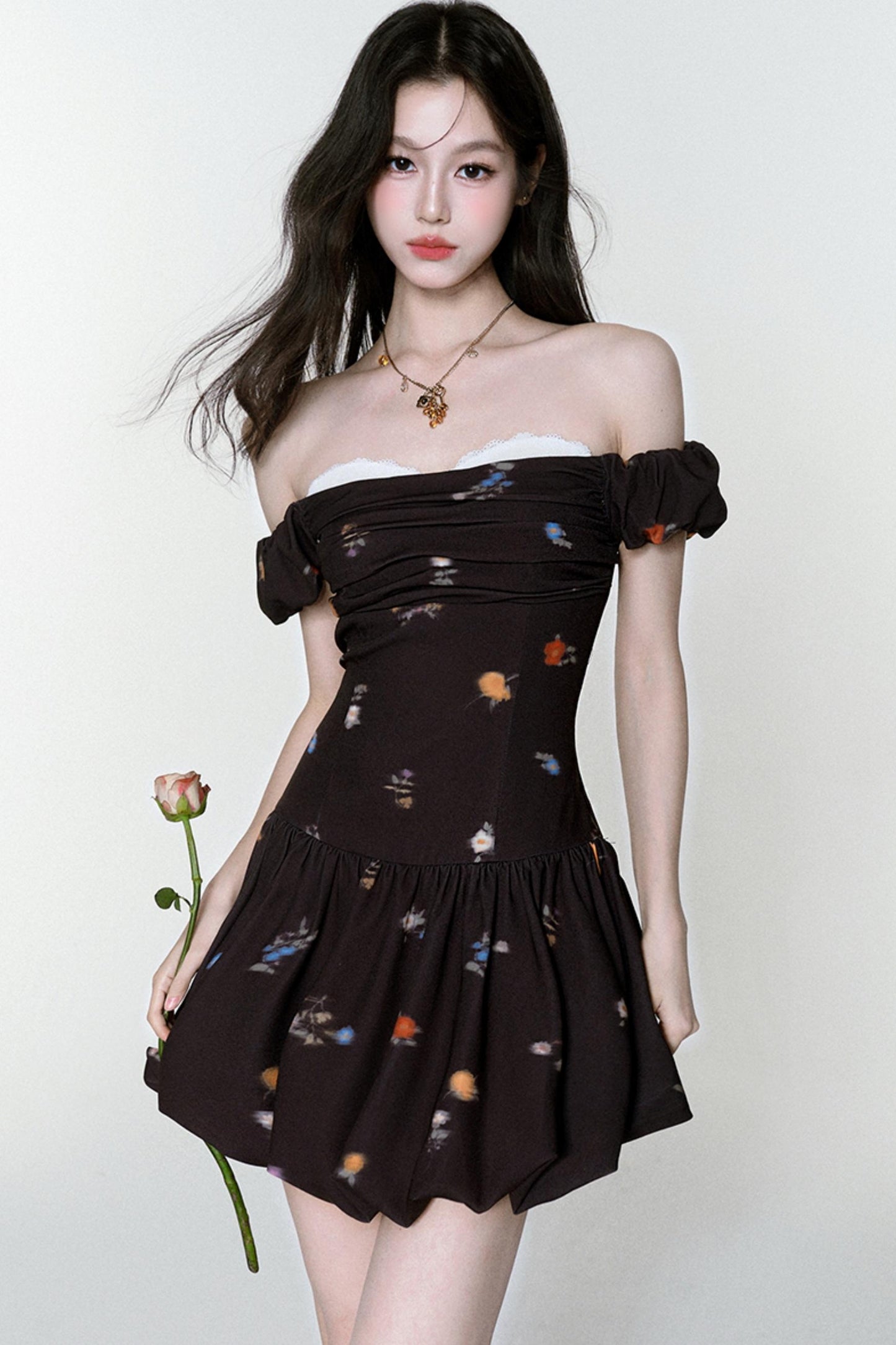 Inked Rose One-Shoulder Floral Dress