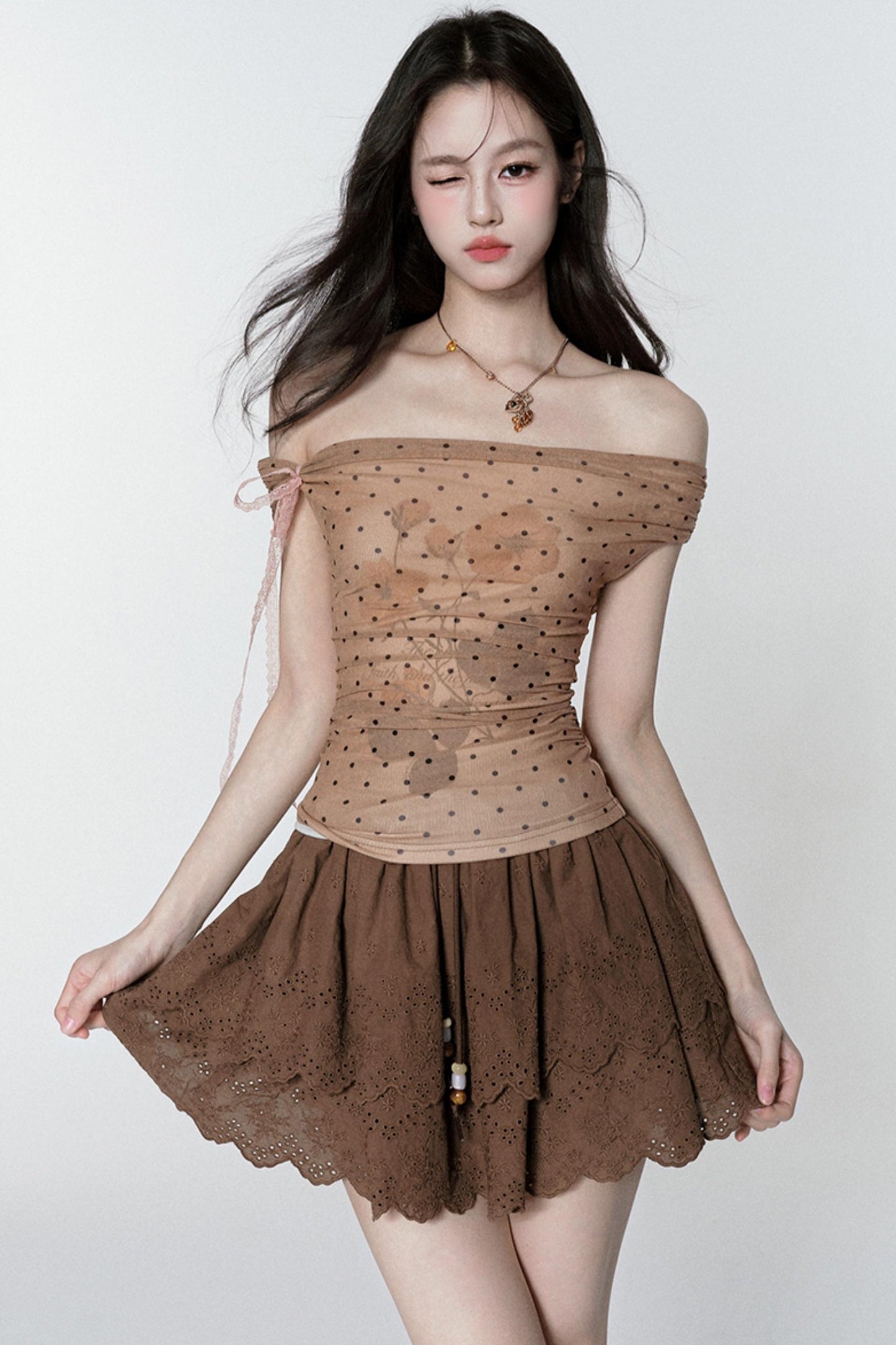 Rose Mist Polka Dot One-Shoulder Top