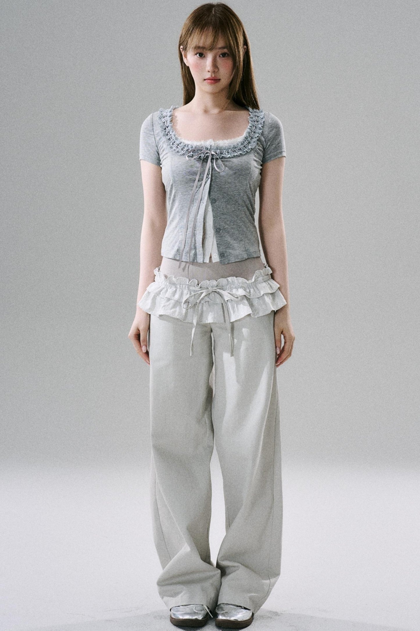 Slim Stretch Silver Wide-Leg Trousers