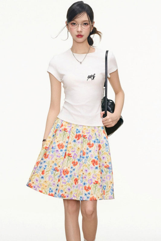 White Floral Skirt And White T-Shirt Set-Up