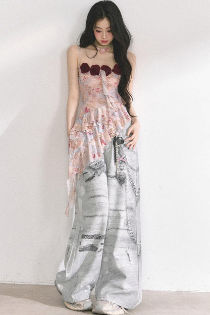 Asymmetrical Floral Slimming T-Shirt