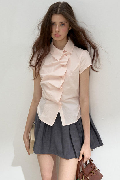 Pink Ruffled Lace Short Sleeves Blouse