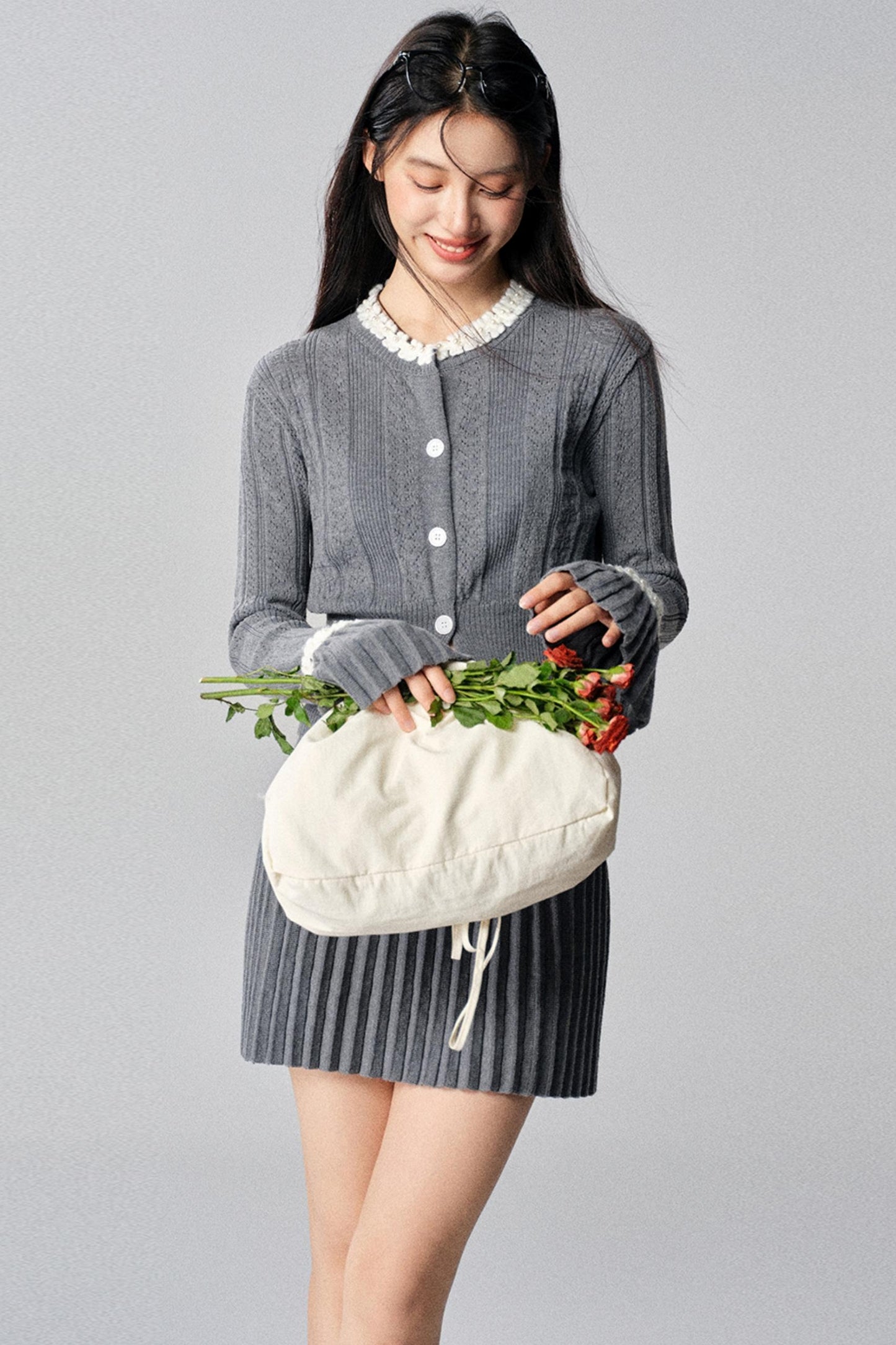 Gray French Knit Cardigan Set-Up