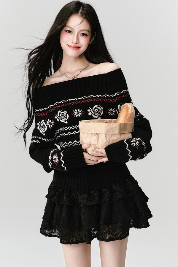 Fair Rose Jacquard One-Shoulder Sweater