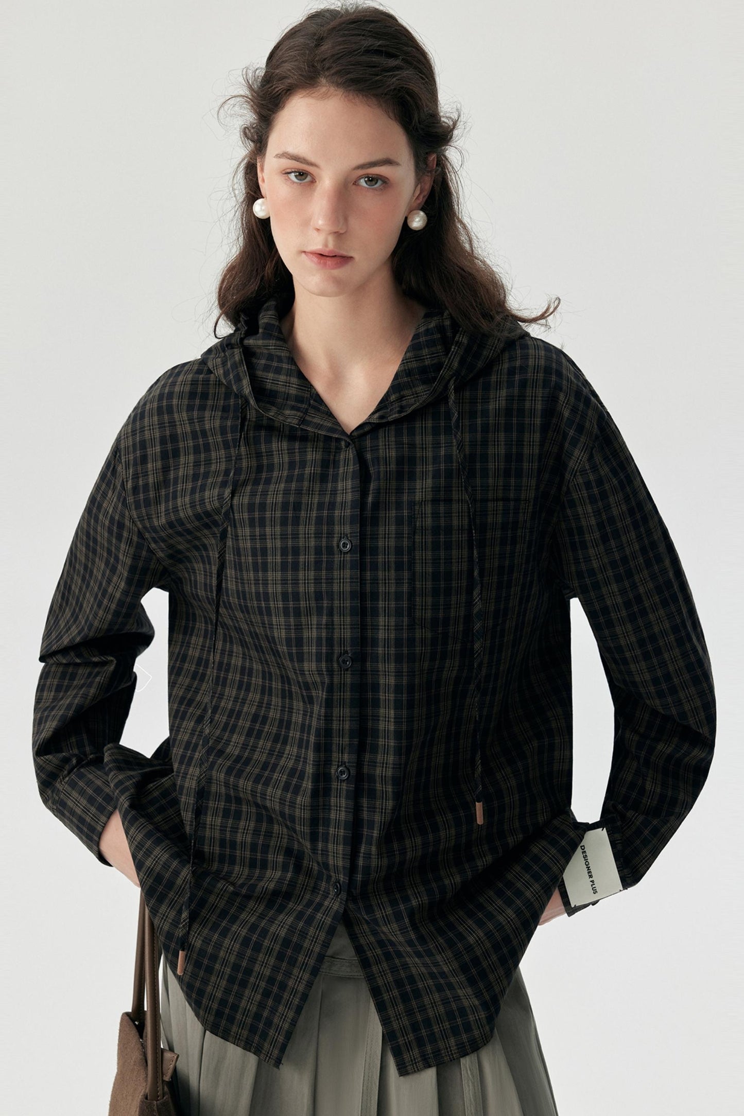 Contrast Check Hooded Shirt