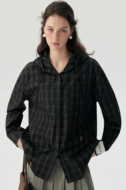 Contrast Check Hooded Shirt