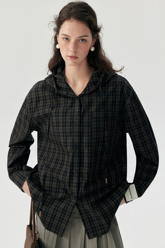 Contrast Check Hooded Shirt
