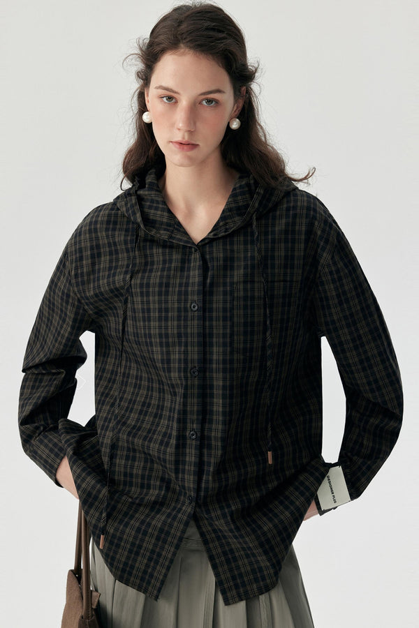 Contrast Check Hooded Shirt