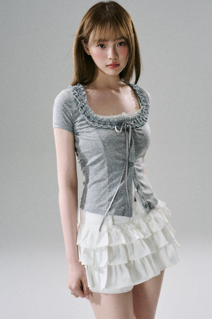 White Ruffle Lace Cargo Skirt