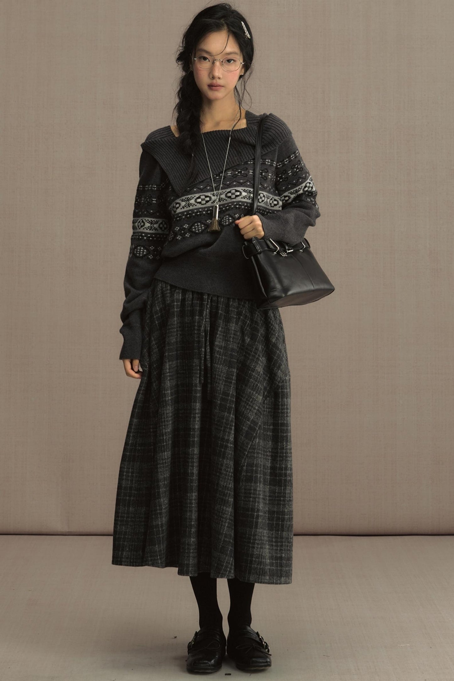 High-Waisted Plaid Woolen A-Line Skirt