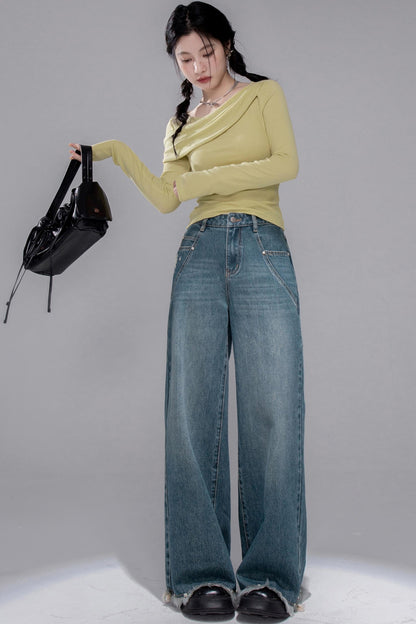 Blue Washed Wide-Leg Jeans