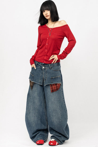 Slanted shoulder Long Sleeve Knitted Top