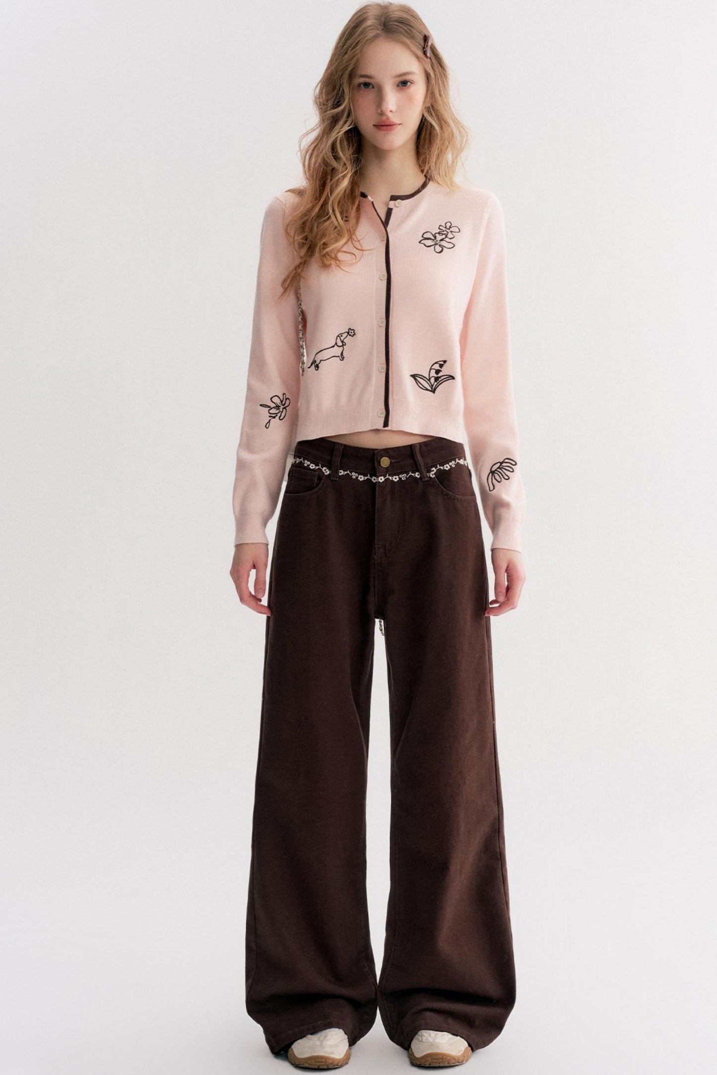 Rich Chocolate Floral Embroidery Wide-Leg Jeans