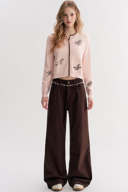 Rich Chocolate Floral Embroidery Wide-Leg Jeans