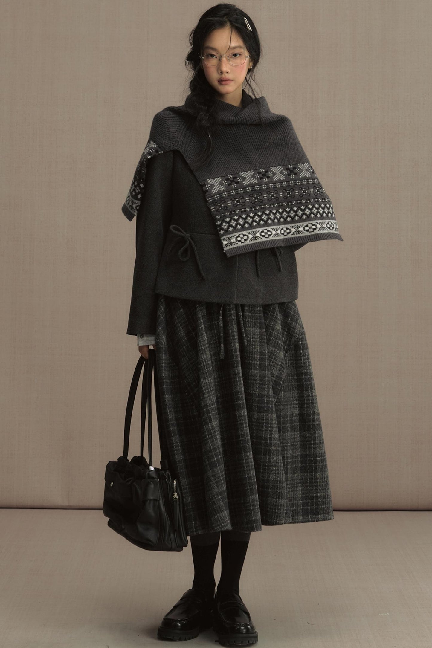 High-Waisted Plaid Woolen A-Line Skirt