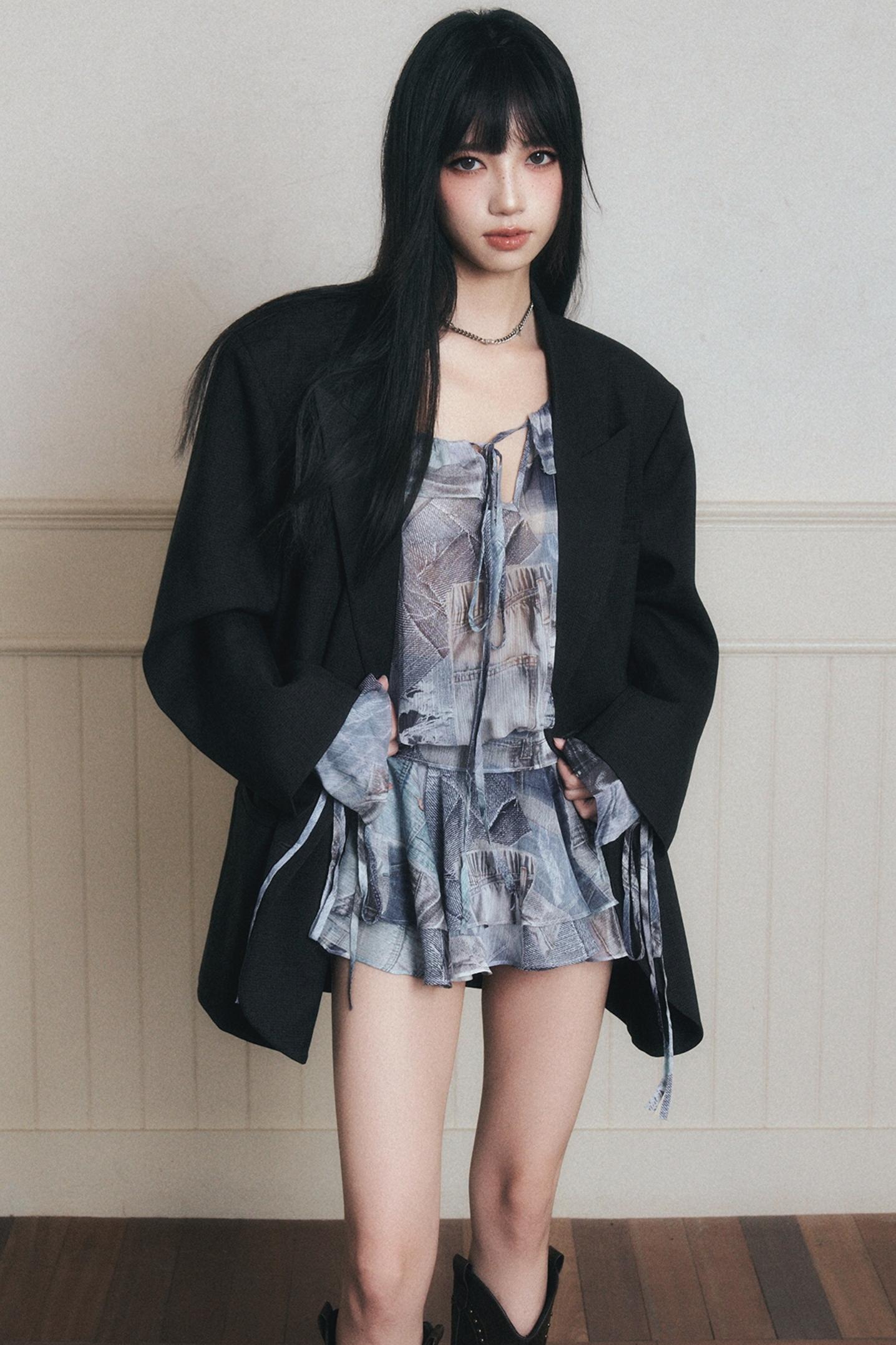 Rhythmic Ruffles Denim Drawstring Shirt Dress