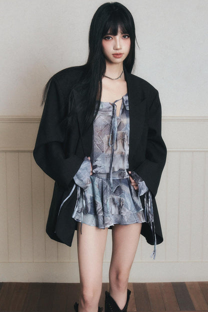 Rhythmic Ruffles Denim Drawstring Shirt Dress