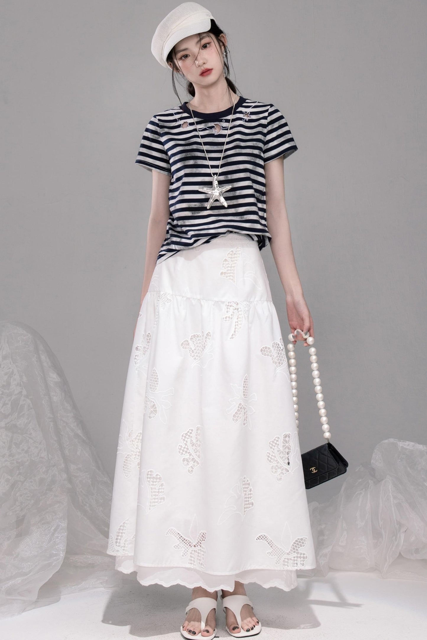 Navy Embroidered Striped T-shirt