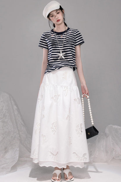 Navy Embroidered Striped T-shirt